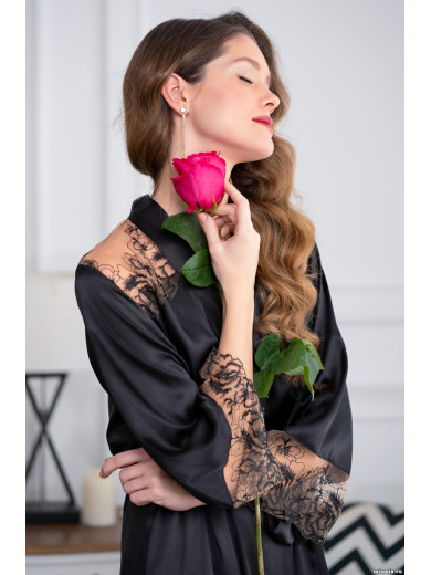 Жіночий шовковий халат чорний "Аманда" 3633