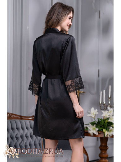  Жіночий шовковий чорний халат "Чорний Лебідь" 3553-1
