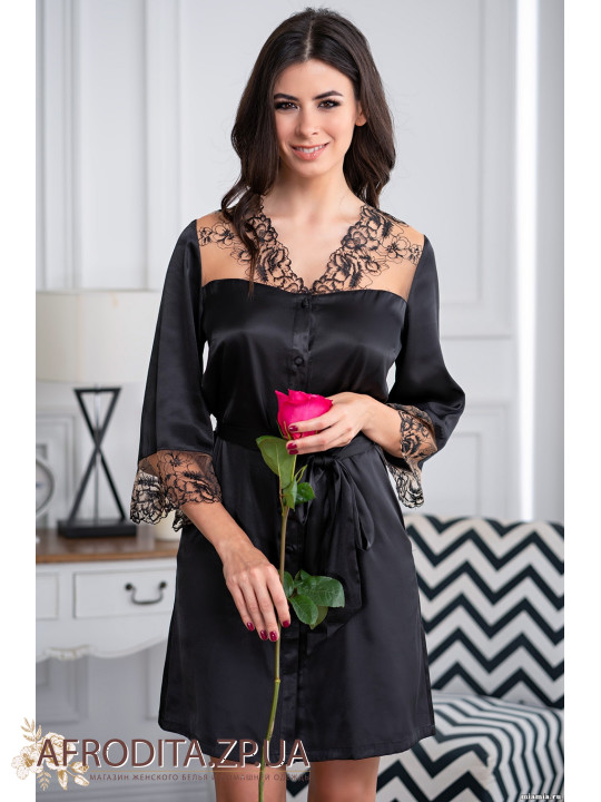 Шовковий жіночий халат чорний "Аманда" 3637