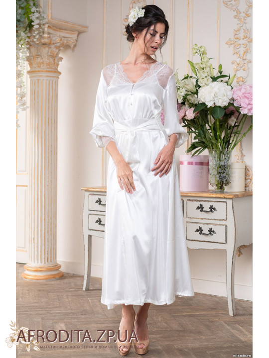 Длинный атласный халат белый "Кристина" 8899