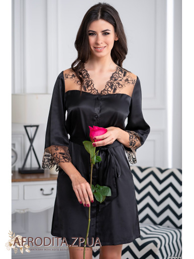 Шелковый женский халат черный "Аманда" 3637