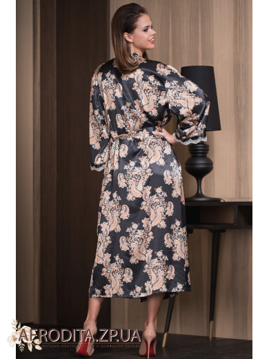 Довгий жіночий шовковий халат Голден Флауер 3309