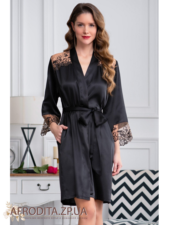 Жіночий шовковий халат чорний "Аманда" 3633