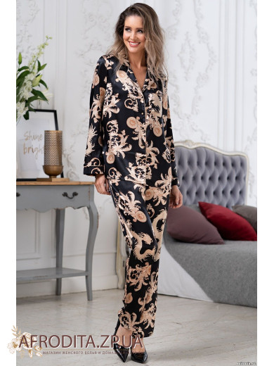 Женская атласная пижама с брюками   "Версаче Голд" 9926