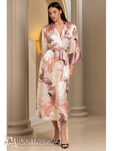 Длинный шелковый халат Пионы 4059