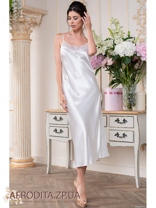 Довга атласна сорочка біла "Крістіна" 8898