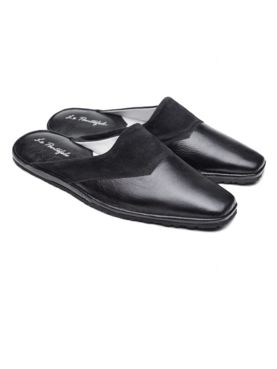 Комнатные тапочки из кожи Pellagio/Le Pantofole 903 черная напа+замша